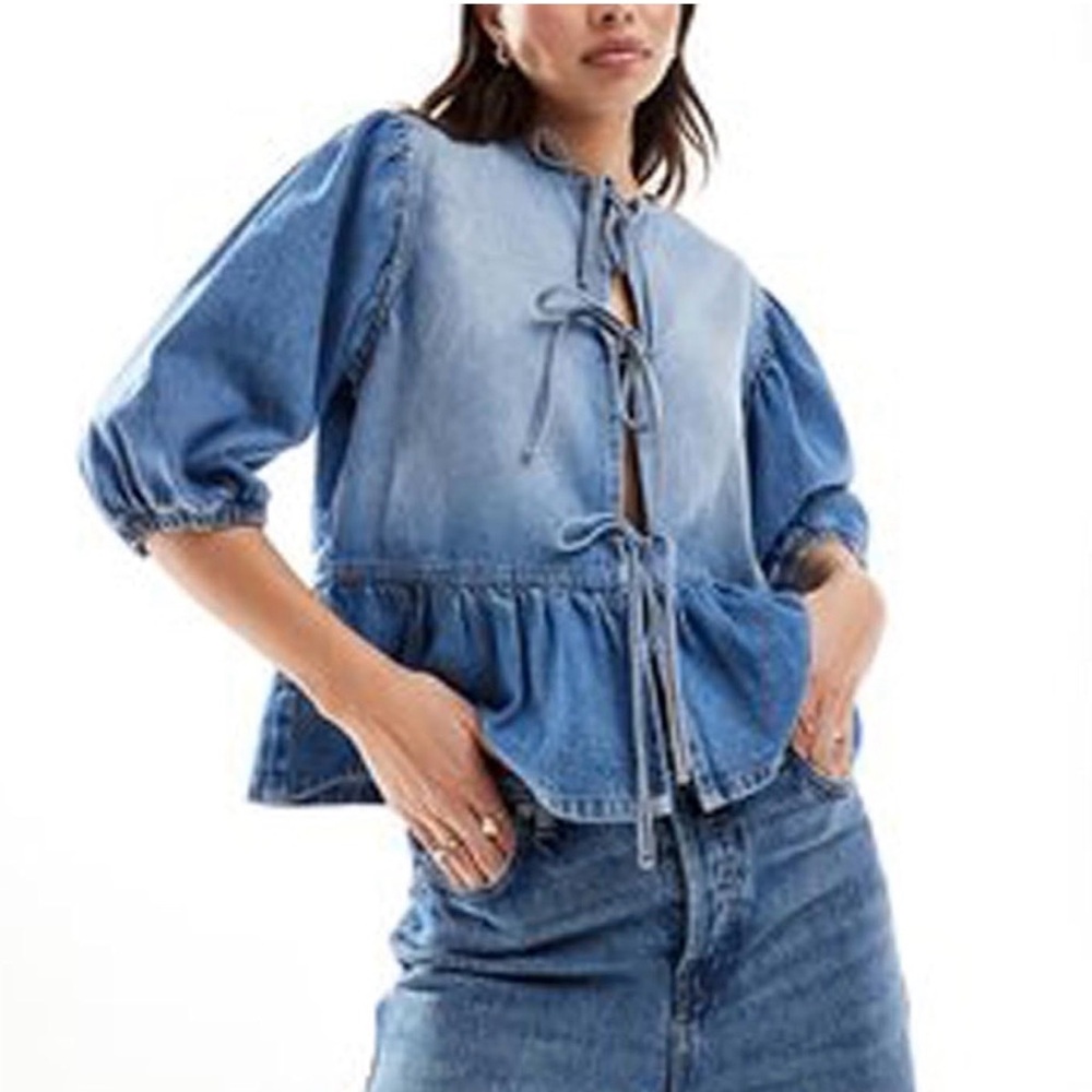 Denim Tie Front Puff Sleeve Top Blouse Cotton Shirt Small